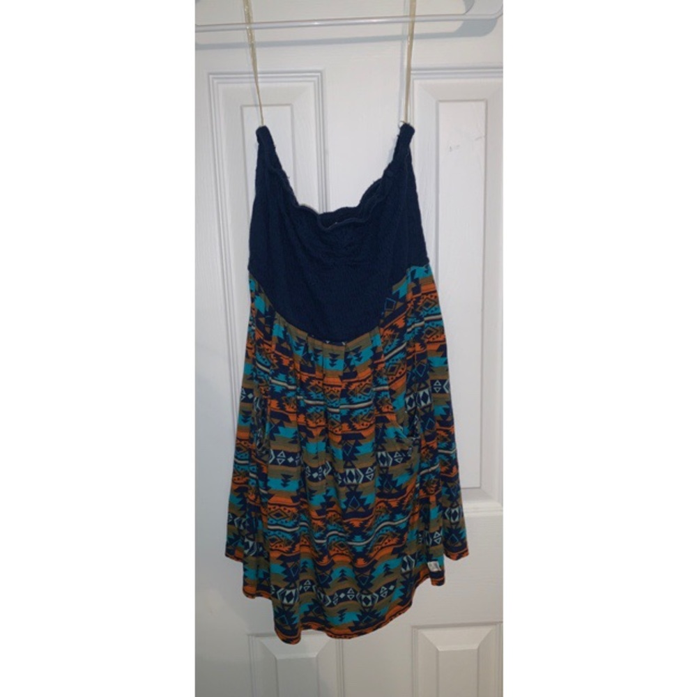 Billabong Strapless Tribal Print Orange/ Blue Dress with Pockets - Picture 4 of 7